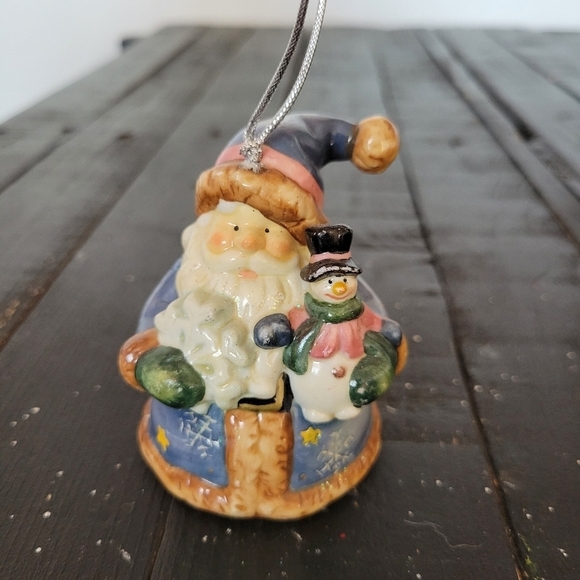 Glazed Ceramic Santa Snowman Christmas Tree Ornament Blue Coat Decor Neutral - Picture 1 of 5